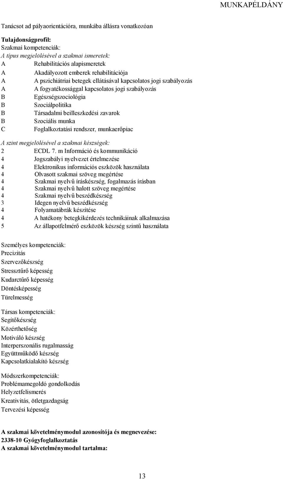 beilleszkedési zavarok B Szociális munka C Foglalkoztatási rendszer, munkaerıpiac A szint megjelölésével a szakmai készségek: 2 ECDL 7.