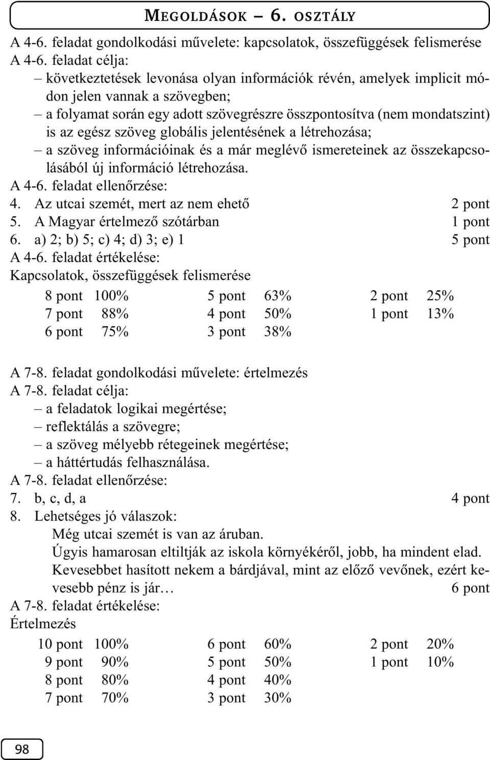 szöveg globális jelentésének a létrehozása; a szöveg információinak és a már meglévõ ismereteinek az összekapcsolásából új információ létrehozása. A 4-6. feladat ellenõrzése: 4.