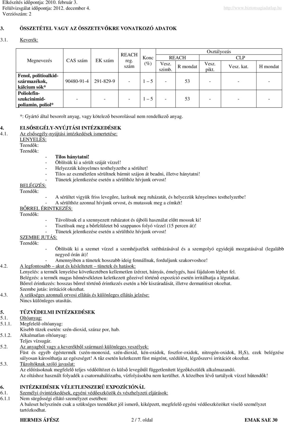 H mondat 90480914 2918299 1 5 53 1 5 53 *: Gyártó által besorolt anyag, vagy kötelezı besorolással nem rendelkezı anyag. 4. ELSİSEGÉLYNYÚJTÁSI INTÉZKEDÉSEK 4.1. Az elsısegélynyújtási intézkedések ismertetése: LENYELÉS: Tilos hánytatni!