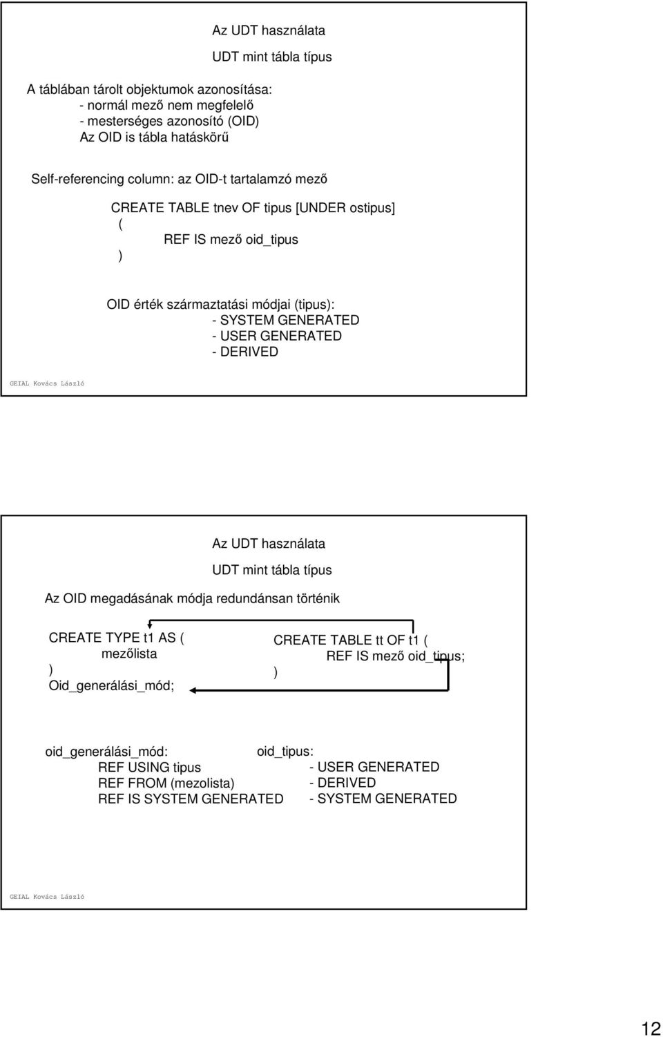 GENERATED - USER GENERATED - DERIVED Az UDT használata UDT mint tábla típus Az OID megadásának módja redundánsan történik CREATE TYPE t1 AS ( mezőlista ) Oid_generálási_mód;