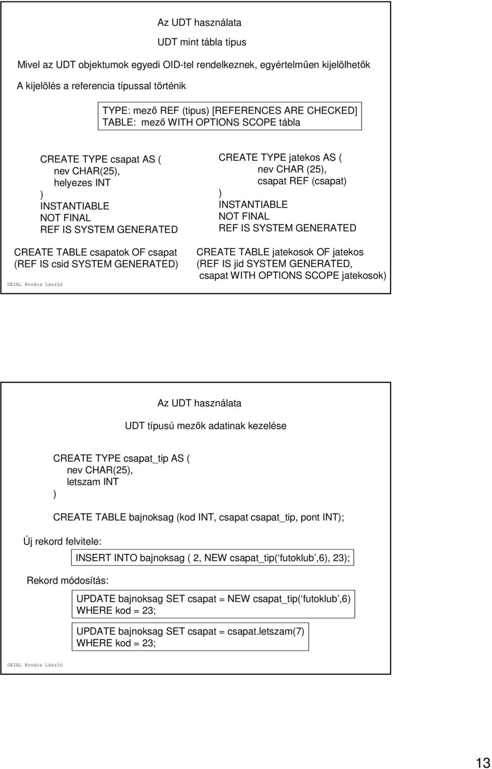 GENERATED) CREATE TYPE jatekos AS ( nev CHAR (25), csapat REF (csapat) ) INSTANTIABLE NOT FINAL REF IS SYSTEM GENERATED CREATE TABLE jatekosok OF jatekos (REF IS jid SYSTEM GENERATED, csapat WITH