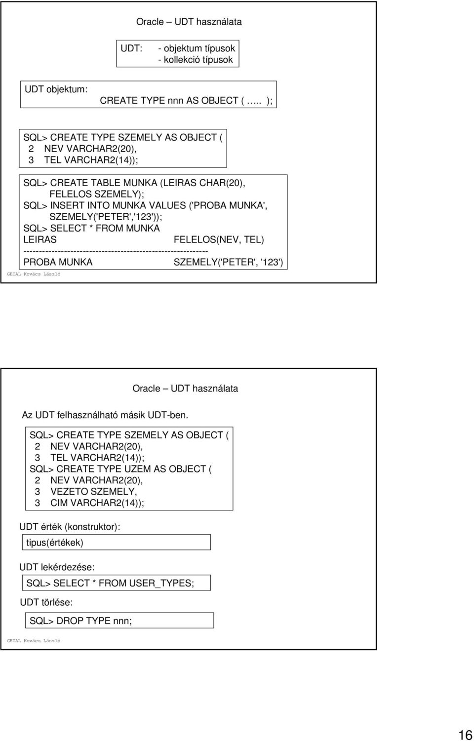 SZEMELY('PETER','123')); SQL> SELECT * FROM MUNKA LEIRAS FELELOS(NEV, TEL) ----------------------------------------------------------- PROBA MUNKA SZEMELY('PETER', '123') Oracle UDT használata Az UDT