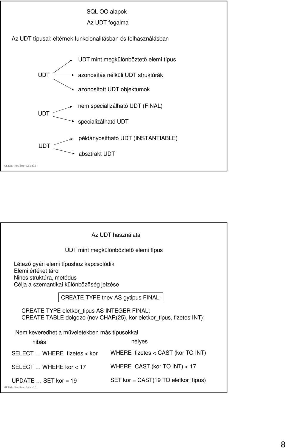 Elemi értéket tárol Nincs struktúra, metódus Célja a szemantikai különbözőség jelzése CREATE TYPE tnev AS gytipus FINAL; CREATE TYPE eletkor_tipus AS INTEGER FINAL; CREATE TABLE dolgozo (nev