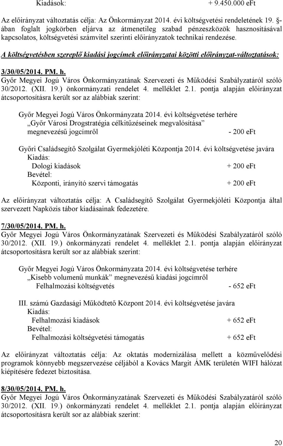A költségvetésben szereplő kiadási jogcímek előirányzatai közötti előirányzat-változtatások: 3/30/05/2014. PM. h.