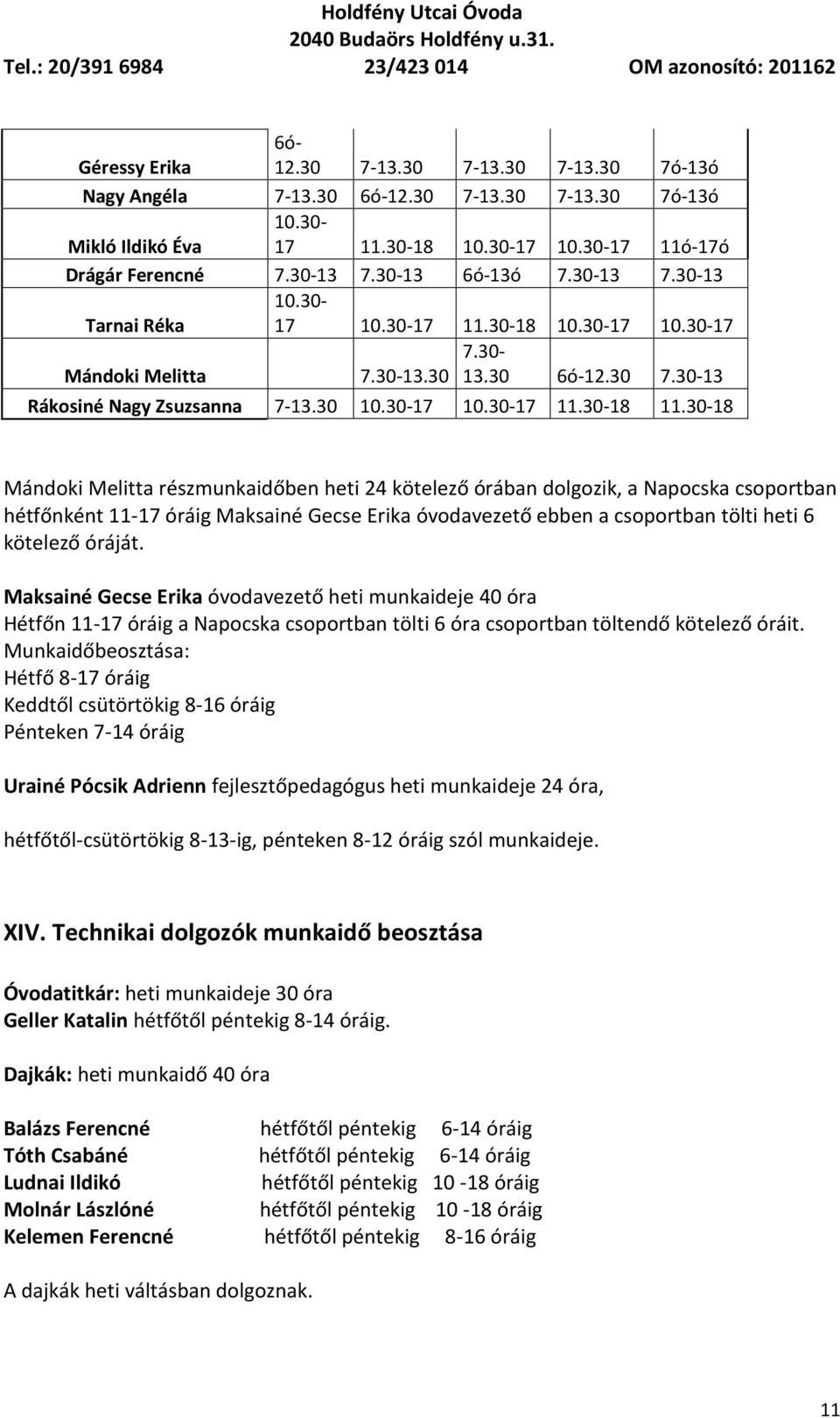 30-18 Mándoki Melitta részmunkaidőben heti 24 kötelező órában dolgozik, a Napocska csoportban hétfőnként 11-17 óráig Maksainé Gecse Erika óvodavezető ebben a csoportban tölti heti 6 kötelező óráját.