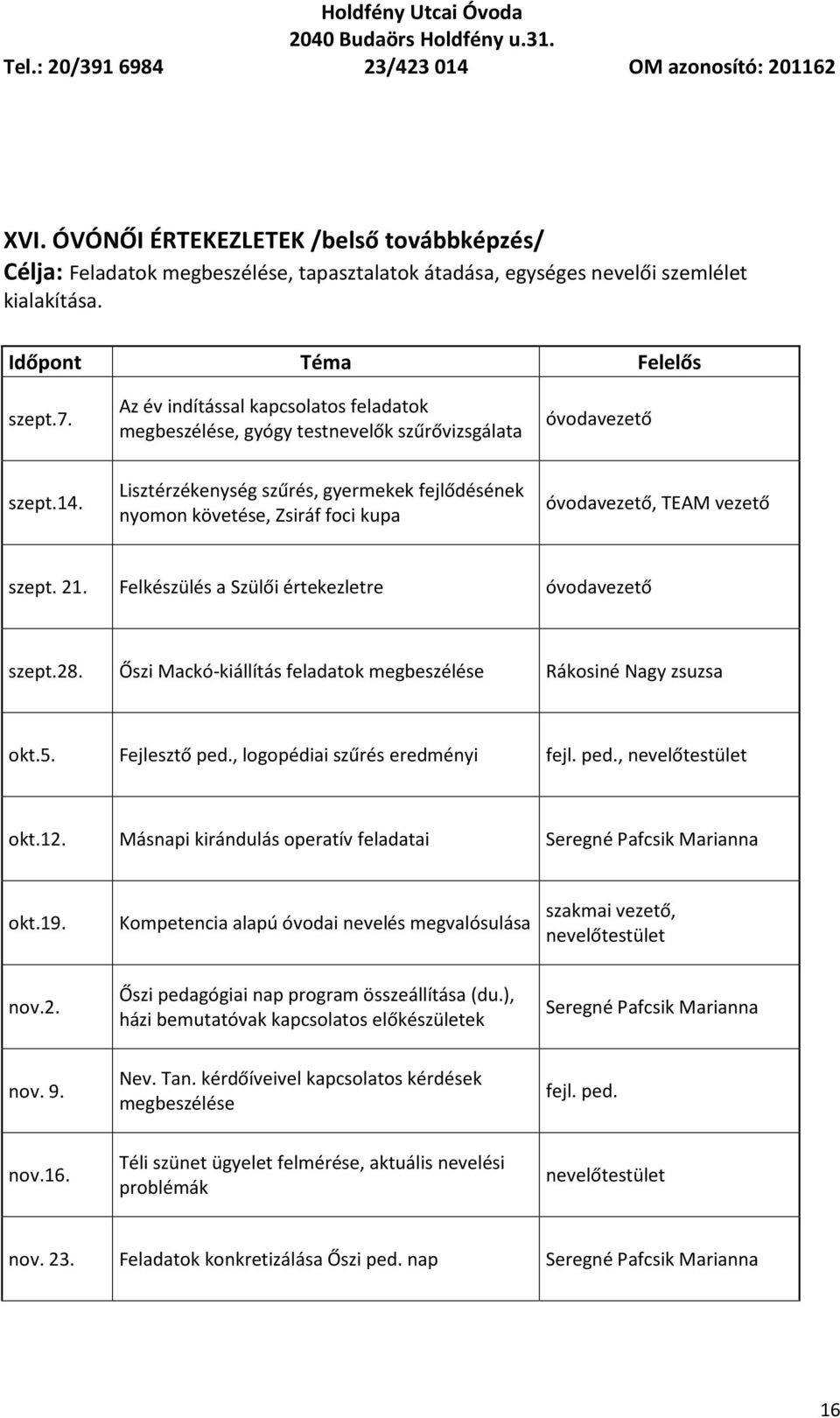 Lisztérzékenység szűrés, gyermekek fejlődésének nyomon követése, Zsiráf foci kupa óvodavezető, TEAM vezető szept. 21. Felkészülés a Szülői értekezletre óvodavezető szept.28.