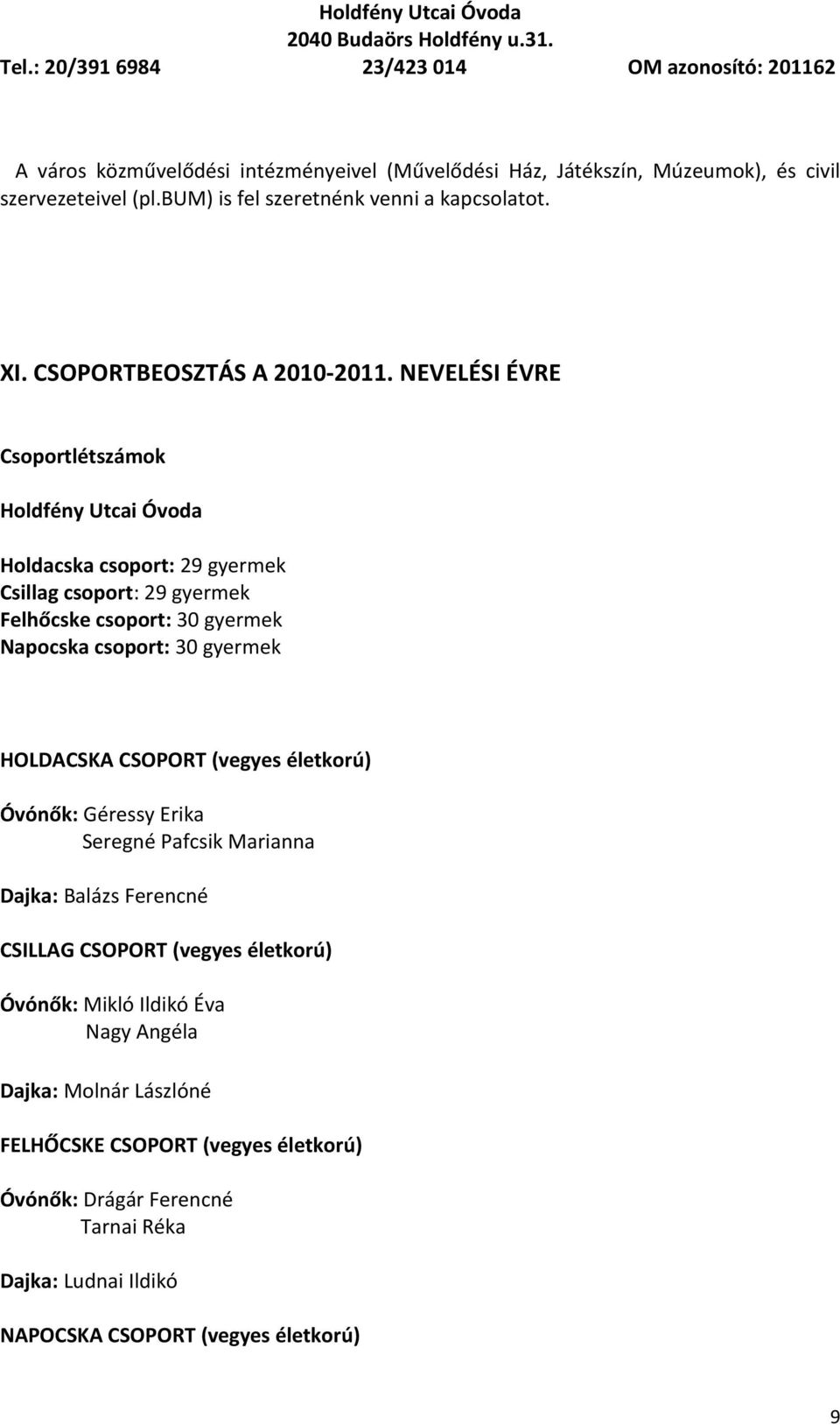 NEVELÉSI ÉVRE Csoportlétszámok Holdfény Utcai Óvoda Holdacska csoport: 29 gyermek Csillag csoport: 29 gyermek Felhőcske csoport: 30 gyermek Napocska csoport: 30 gyermek