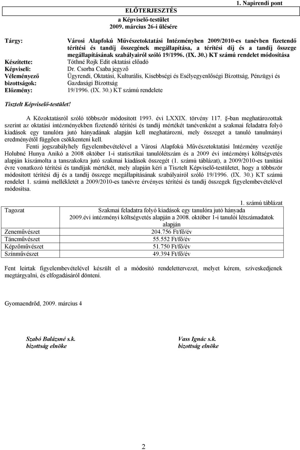 megállapítása, a térítési díj és a tandíj összege megállapításának szabályairól szóló 19/1996. (IX. 30.) KT számú rendelet módosítása Tóthné Rojk Edit oktatási előadó Dr.