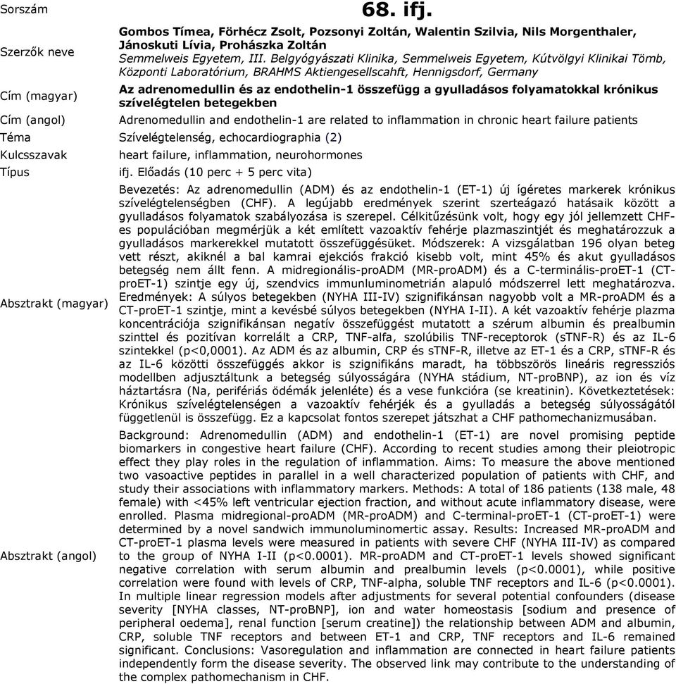 gyulladásos folyamatokkal krónikus szívelégtelen betegekben Adrenomedullin and endothelin-1 are related to inflammation in chronic heart failure patients Téma Szívelégtelenség, echocardiographia (2)