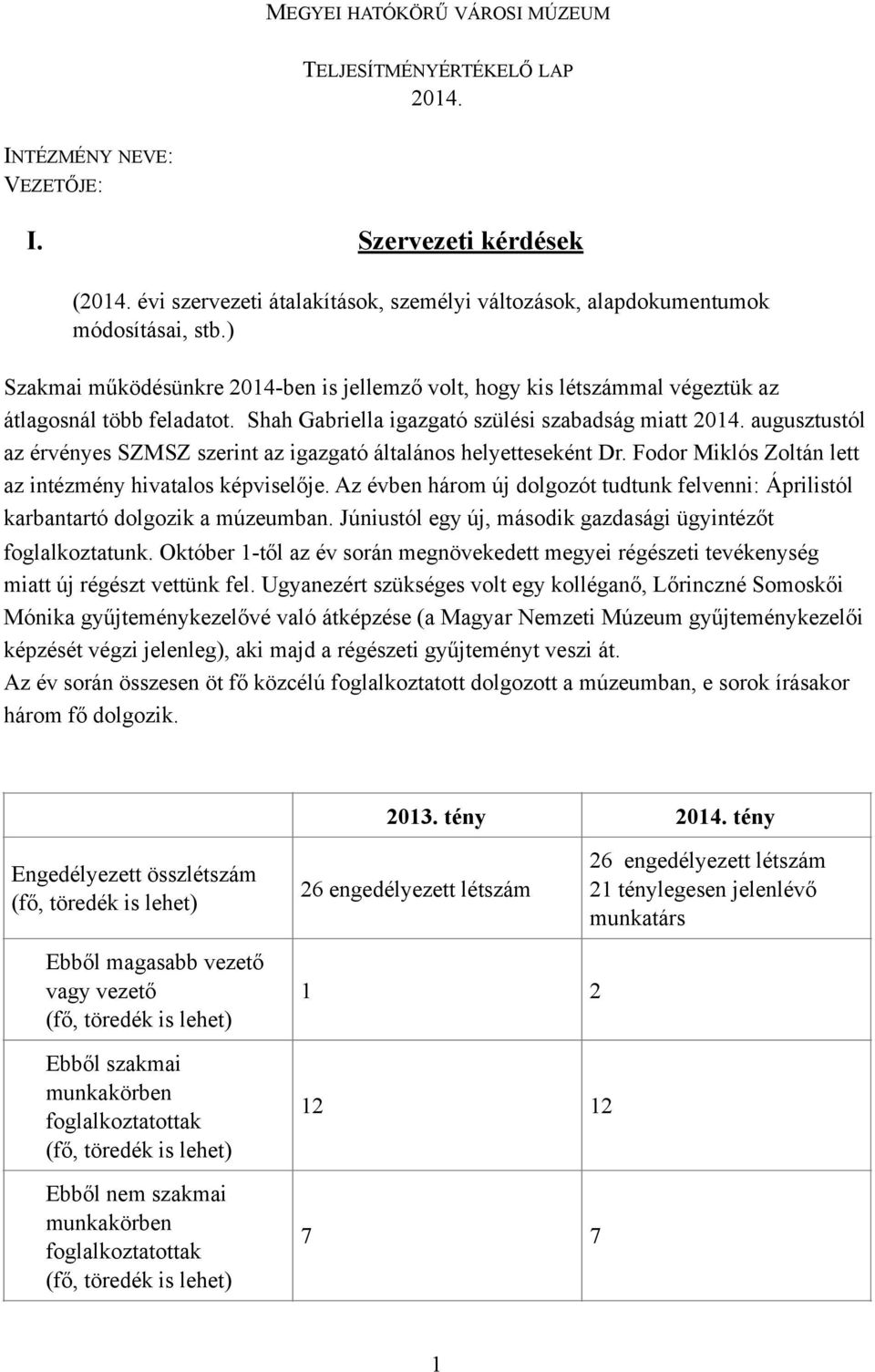 Shah Gabriella igazgató szülési szabadság miatt 2014. augusztustól az érvényes SZMSZ szerint az igazgató általános helyetteseként Dr. Fodor Miklós Zoltán lett az intézmény hivatalos képviselője.