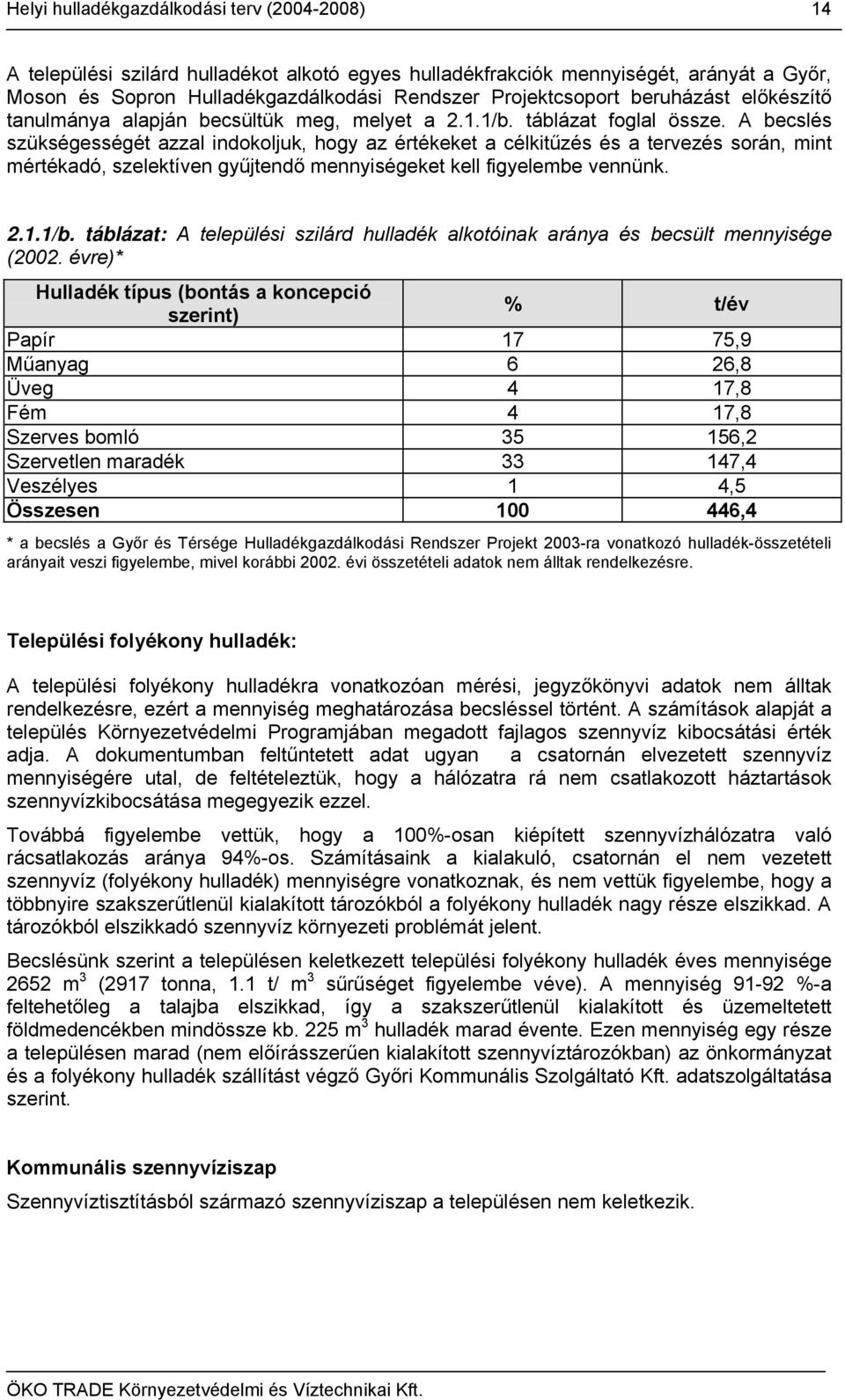 A becslés szükségességét azzal indokoljuk, hogy az értékeket a célkitűzés és a tervezés során, mint mértékadó, szelektíven gyűjtendő mennyiségeket kell figyelembe vennünk. 2.1.1/b.