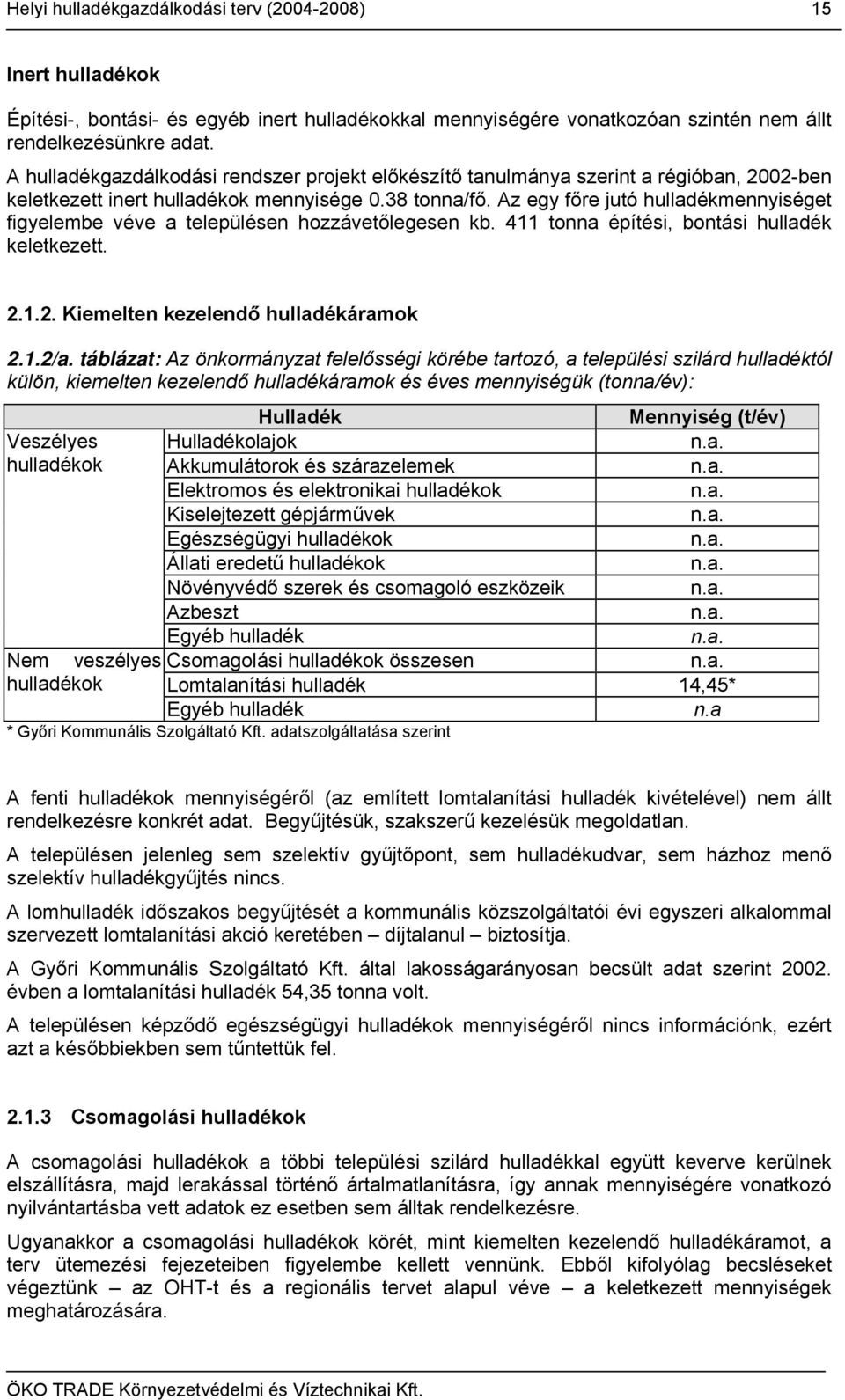 Az egy főre jutó hulladékmennyiséget figyelembe véve a településen hozzávetőlegesen kb. 411 tonna építési, bontási hulladék keletkezett. 2.1.2. Kiemelten kezelendő hulladékáramok 2.1.2/a.