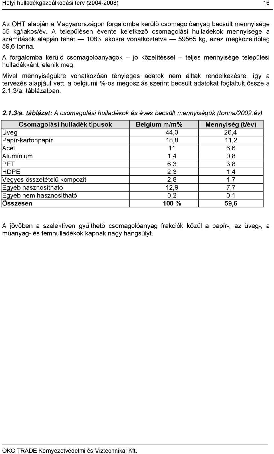 A forgalomba kerülő csomagolóanyagok jó közelítéssel teljes mennyisége települési hulladékként jelenik meg.