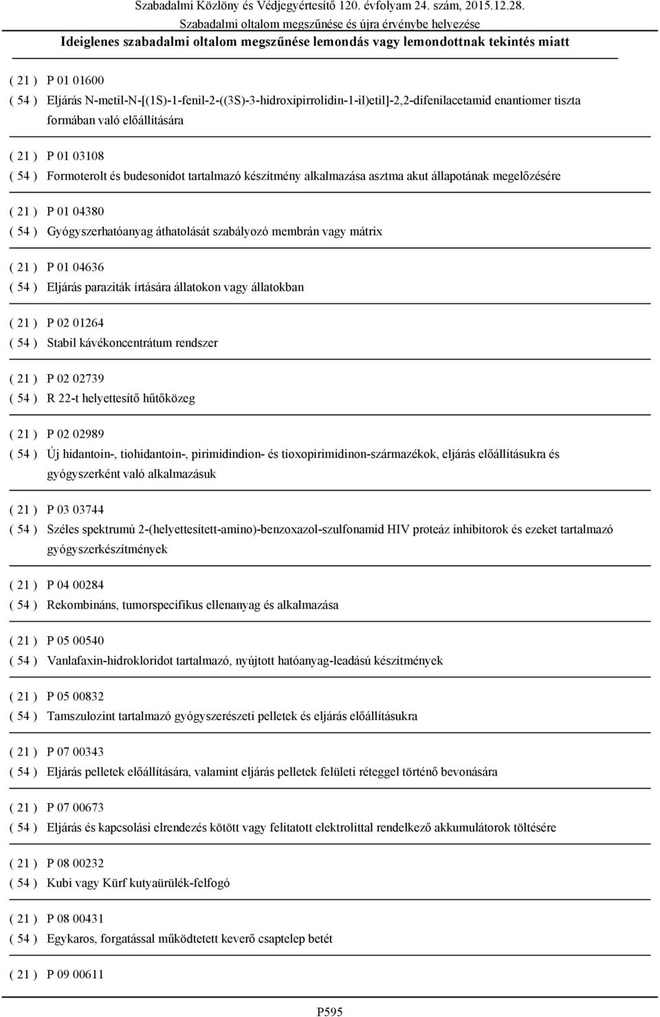 Gyógyszerhatóanyag áthatolását szabályozó membrán vagy mátrix ( 21 ) P 01 04636 ( 54 ) Eljárás paraziták írtására állatokon vagy állatokban ( 21 ) P 02 01264 ( 54 ) Stabil kávékoncentrátum rendszer (