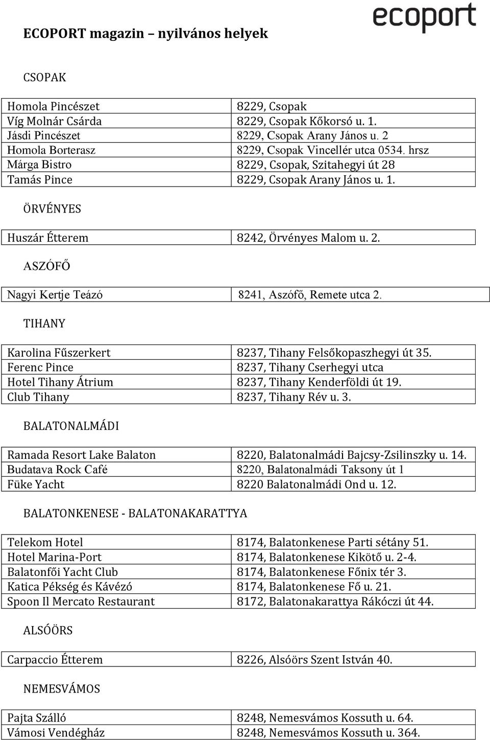 TIHANY Karolina Fűszerkert 8237, Tihany Felsőkopaszhegyi út 35. Ferenc Pince 8237, Tihany Cserhegyi utca Hotel Tihany Átrium 8237, Tihany Kenderföldi út 19. Club Tihany 8237, Tihany Rév u. 3. BALATONALMÁDI Ramada Resort Lake Balaton 8220, Balatonalmádi Bajcsy-Zsilinszky u.