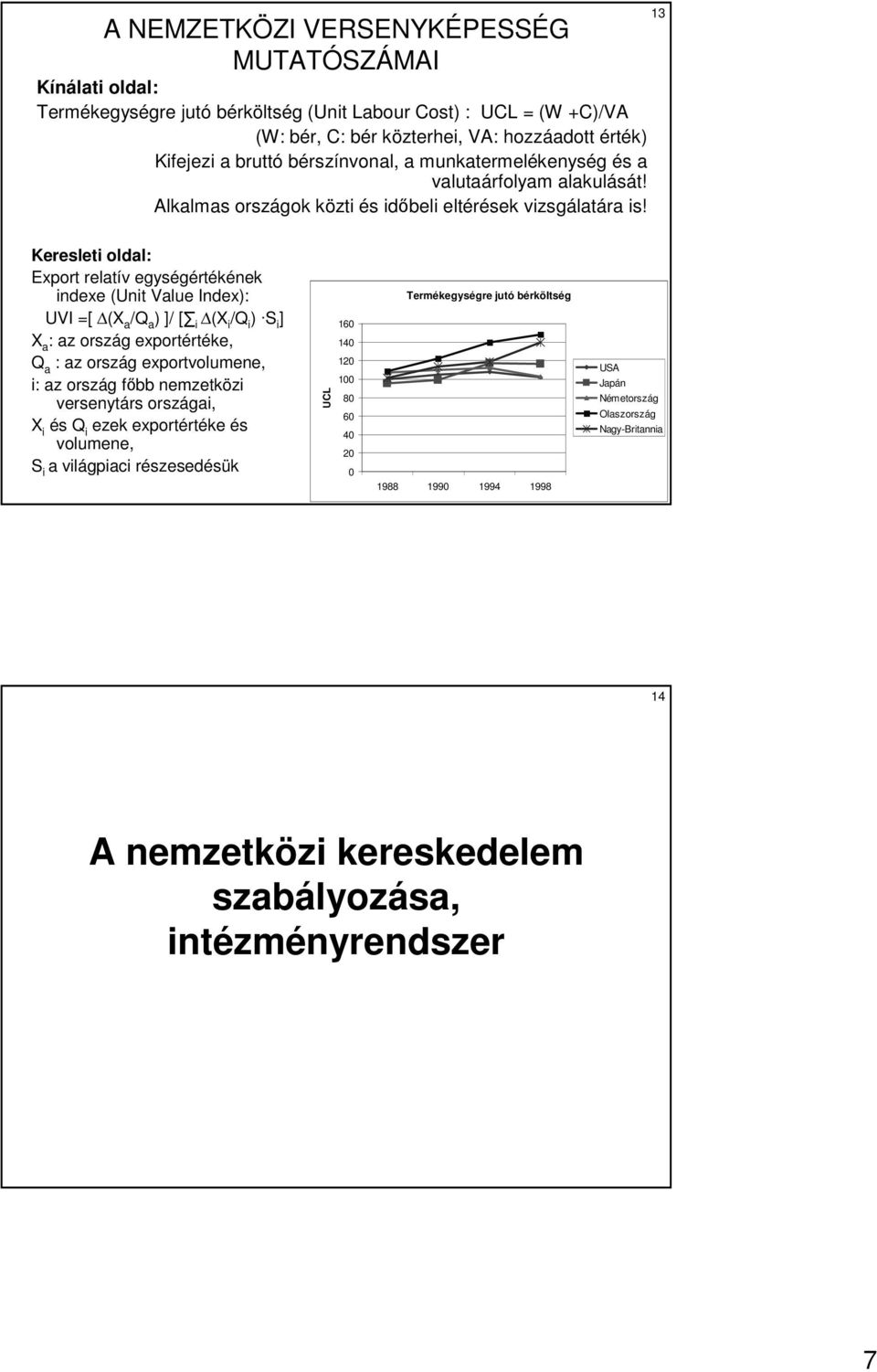 13 Keresleti oldal: Export relatív egységértékének indexe (Unit Value Index): UVI =[ (X a /Q a ) ]/ [ i (X i /Q i ) S i ] X a : az ország exportértéke, Q a : az ország exportvolumene, i: az ország