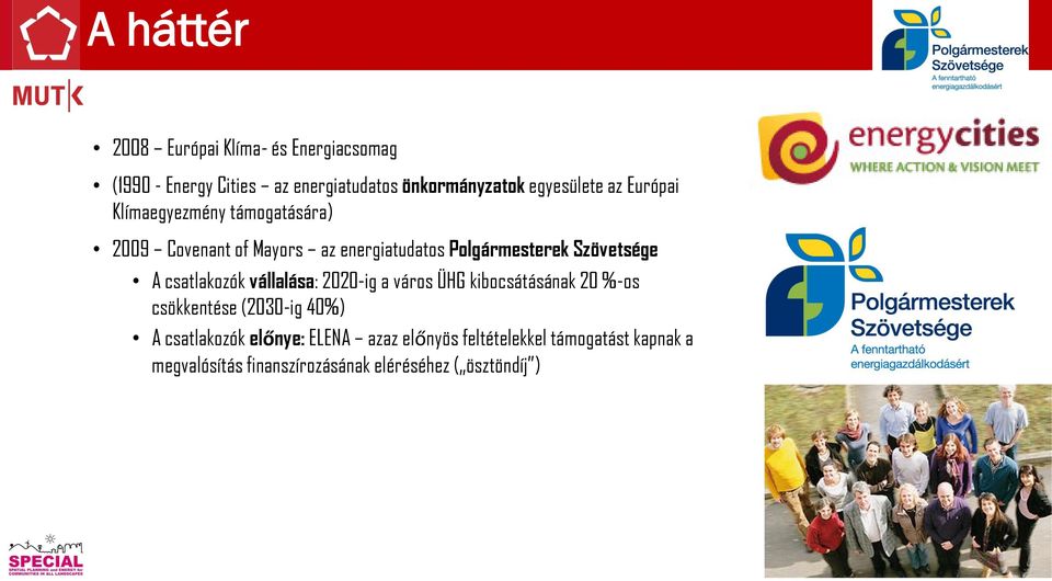 Polgármesterek Szövetsége A csatlakozók vállalása: 2020-ig a város ÜHG kibocsátásának 20 %-os csökkentése (2030-ig