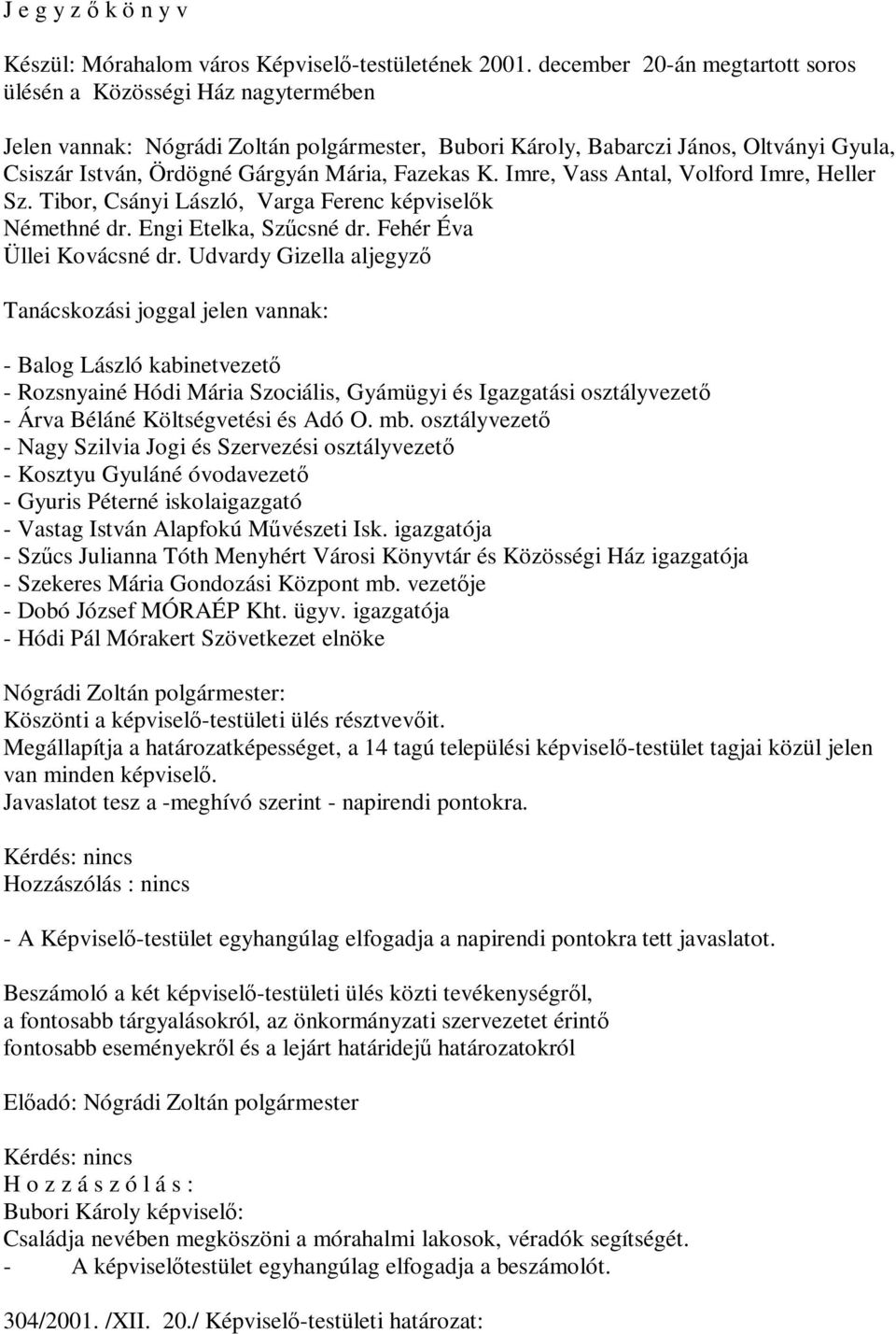 Fazekas K. Imre, Vass Antal, Volford Imre, Heller Sz. Tibor, Csányi László, Varga Ferenc képviselők Némethné dr. Engi Etelka, Szűcsné dr. Fehér Éva Üllei Kovácsné dr.