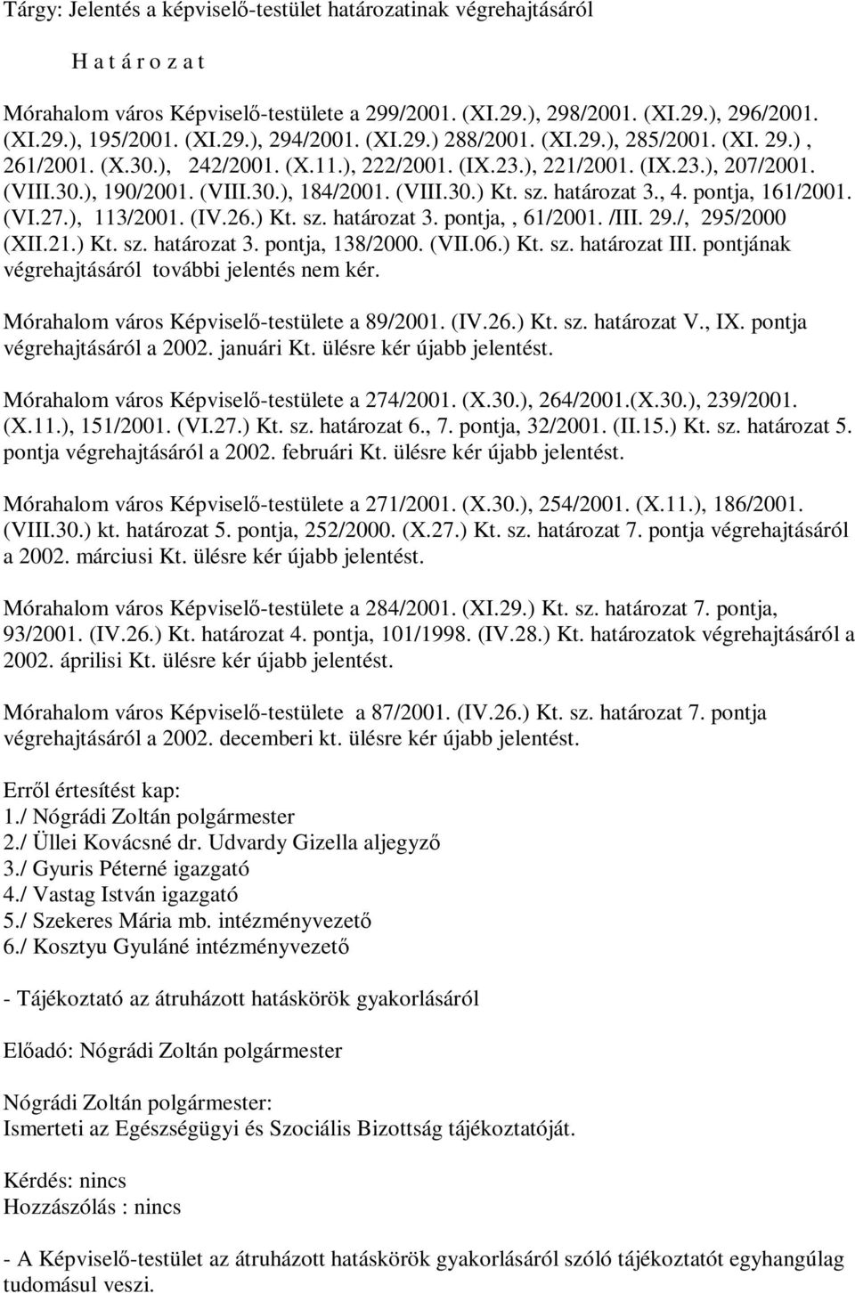 pontja, 161/2001. (VI.27.), 113/2001. (IV.26.) Kt. sz. határozat 3. pontja,, 61/2001. /III. 29./, 295/2000 (XII.21.) Kt. sz. határozat 3. pontja, 138/2000. (VII.06.) Kt. sz. határozat III.