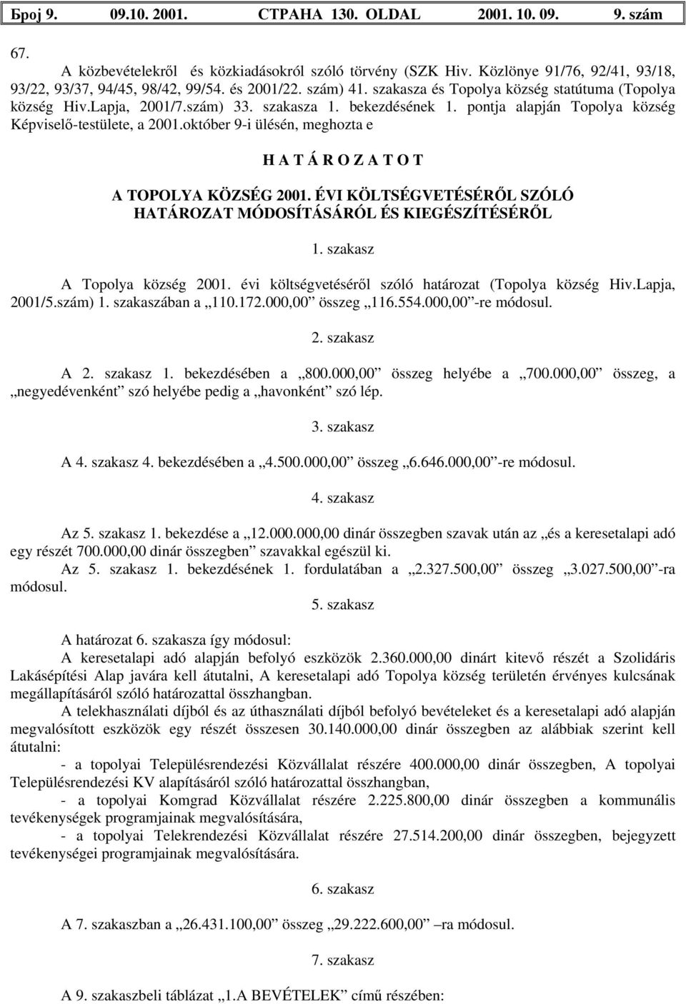 október 9-i ülésén, meghozta e H A T Á R O Z A T O T A 2001. ÉVI KÖLTSÉGVETÉSÉRŐL SZÓLÓ HATÁROZAT MÓDOSÍTÁSÁRÓL ÉS KIEGÉSZÍTÉSÉRŐL 1. szakasz A Topolya község 2001.