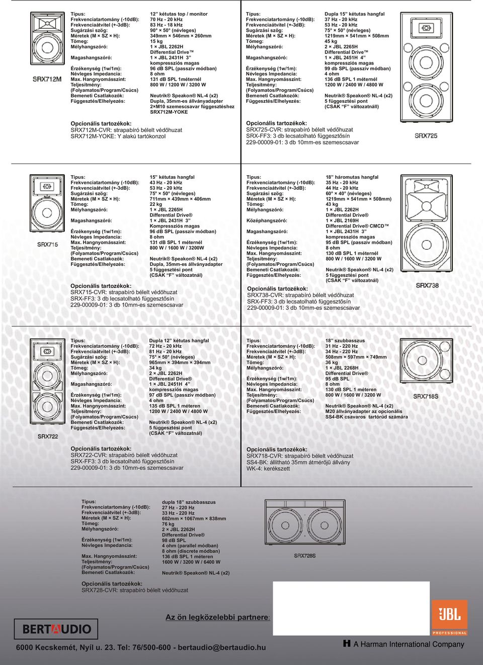 508mm 45 kg 2 JBL 2265H Differential Drive 1 JBL 2451H 4 kompressziós magas 99 db SPL (passzív módban) 4 ohm 136 db SPL 1 méternél 1200 W / 2400 W / 4800 W 5 függesztési pont (CSAK F változatnáll)