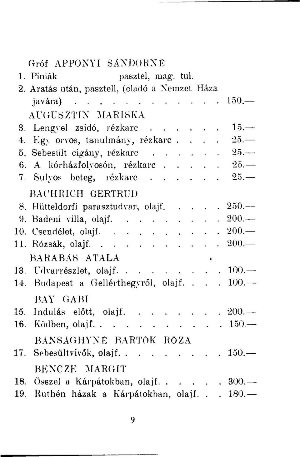 Hiitteldorfi parasztudvar, olajf 250. 9. Badeni villa, olajf 200. 10. Csendélet, olajf 200. 11. Rózsák, olajf 200. BARABÁS ATALA 13. Udvarrészlet, olajf 100. 14.