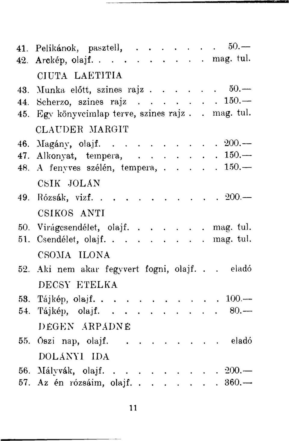 CSIK JOLÁN 49. Rózsák, vizf 200 CSIKÓS ANTI 50. Virágcsendélet, olajf mag. tul. 51. Csendélet, olajf mag. tul. CSOMA ILONA 52.