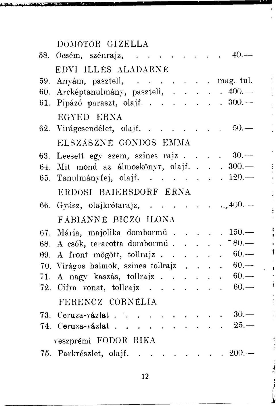 ERDÖSI BAIERSDORF ERNA 66. Gyász, olajkrótarajz, 400. FÁBIANNÉ BICZÖ ILONA 67. Mária, majolika dombormű 150. 68. A csók, teracotta dombormű "80. 69. A front mögött, tollrajz 60. 70.