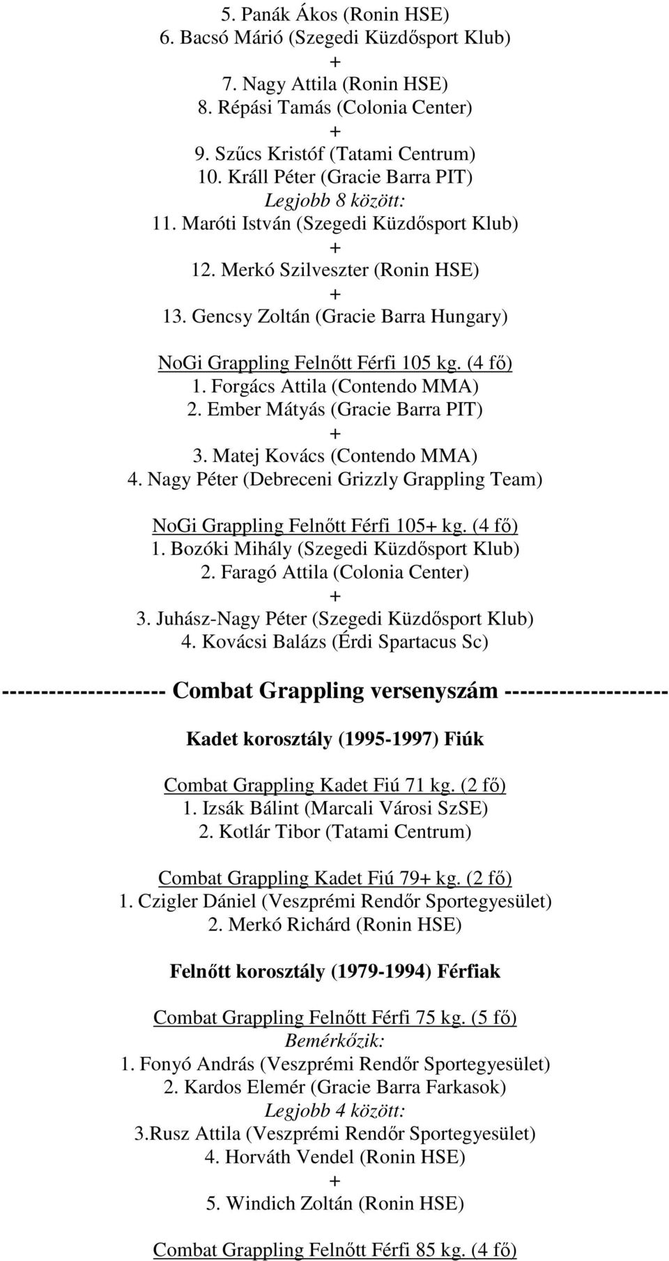 Gencsy Zoltán (Gracie Barra Hungary) NoGi Grappling Felnőtt Férfi 105 kg. (4 fő) 1. Forgács Attila (Contendo MMA) 2. Ember Mátyás (Gracie Barra PIT) 3. Matej Kovács (Contendo MMA) 4.