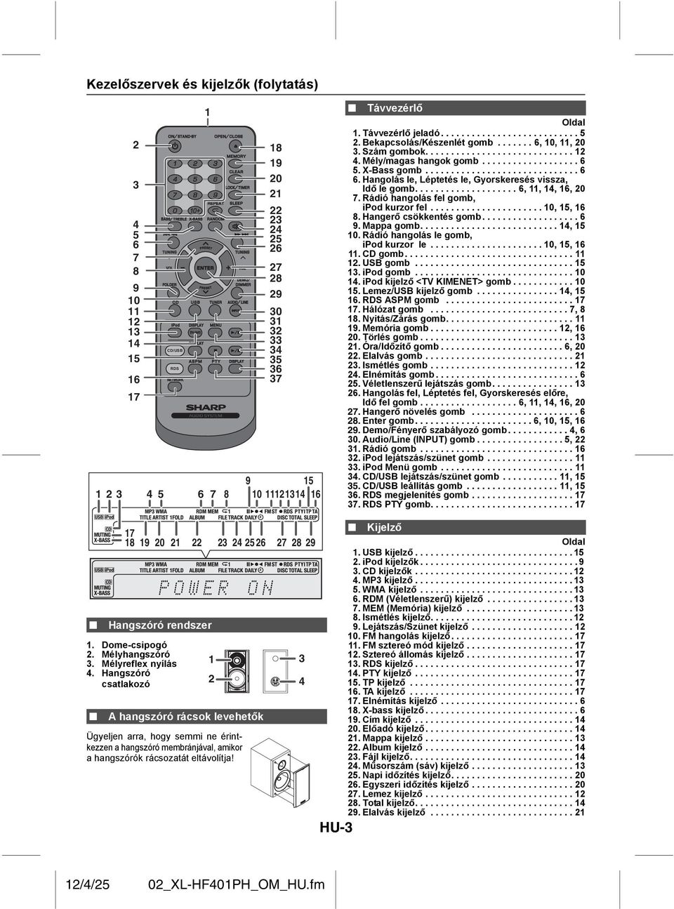 X-Bass gomb.............................. 6 6. Hangolás le, Léptetés le, Gyorskeresés vissza, Idő le gomb.................... 6, 11, 14, 16, 20 7. Rádió hangolás fel gomb, ipod kurzor fel.