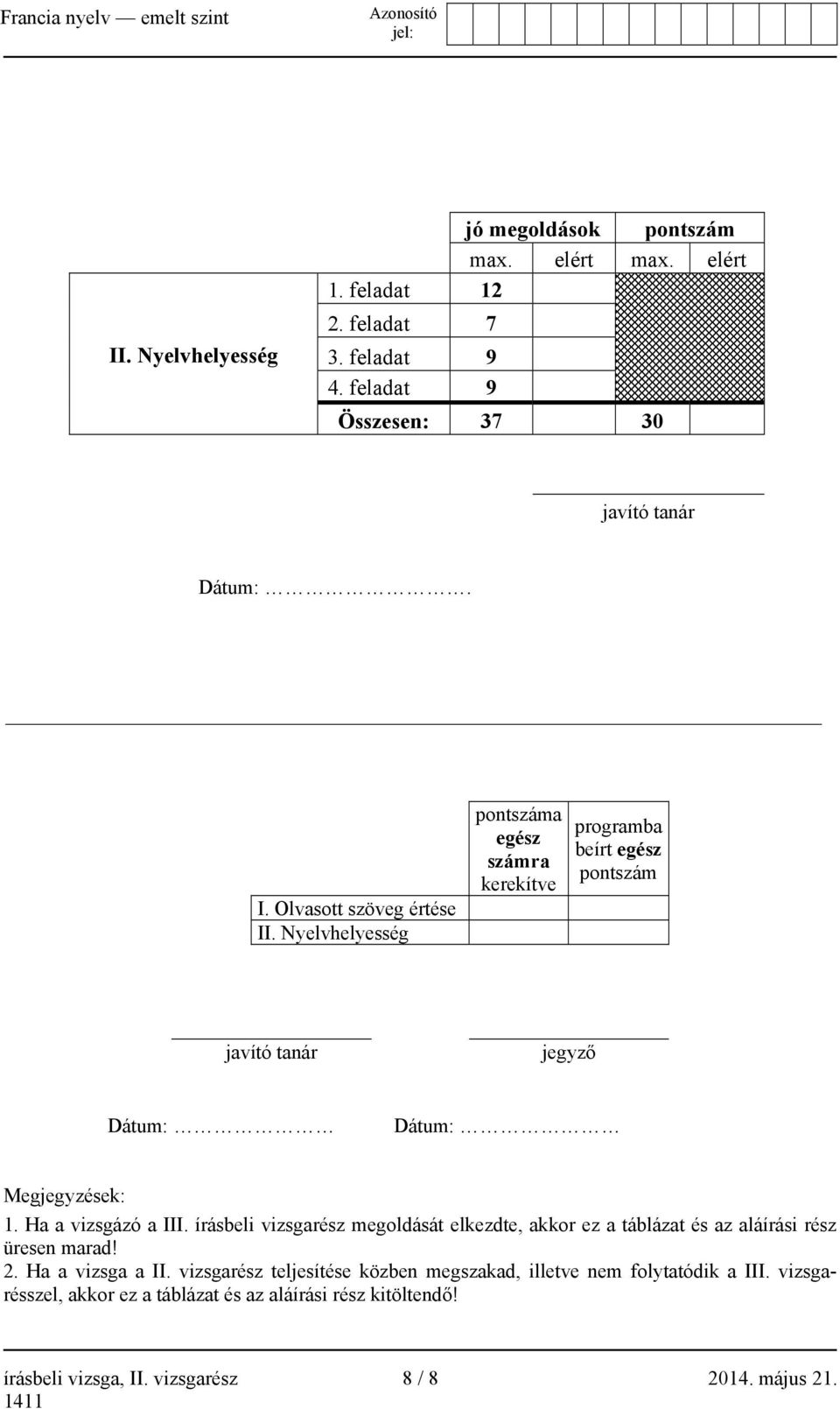 Ha a vizsgázó a III. írásbeli vizsgarész megoldását elkezdte, akkor ez a táblázat és az aláírási rész üresen marad! 2. Ha a vizsga a II.