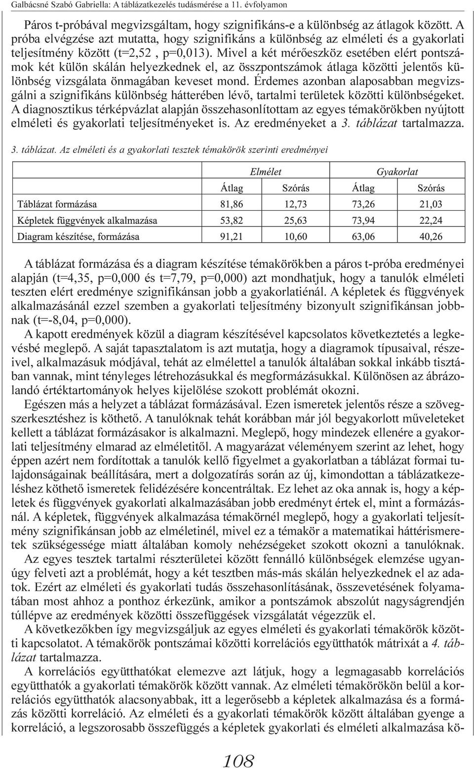 Mivel a két mérõeszköz esetében elért pontszámok két külön skálán helyezkednek el, az összpontszámok átlaga közötti jelentõs különbség vizsgálata önmagában keveset mond.