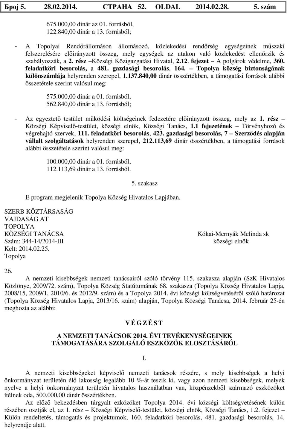 a 2. rész Községi Közigazgatási Hivatal, 2.12. fejezet A polgárok védelme, 360. feladatköri besorolás, а 481. gazdasági besorolás, 164.