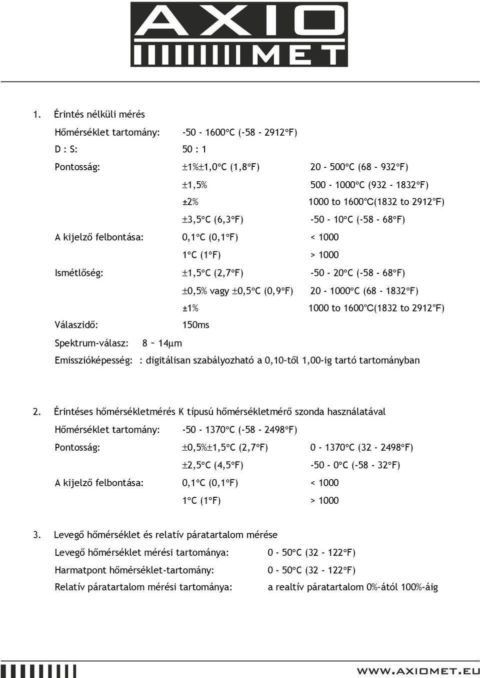 (0,9 F) 20-1000 C (68-1832 F) ±1% 1000 to 1600 (1832 to 2912 ) 150ms Emisszióképesség: : digitálisan szabályozható a 0,10 től 1,00-ig tartó tartományban 2.