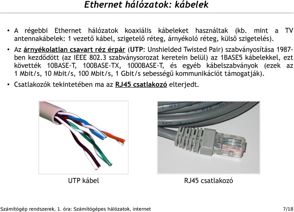 Az árnyékolatlan csavart réz érpár (UTP: Unshielded Twisted Pair) szabványosítása 1987- ben kezdődött (az IEEE 802.