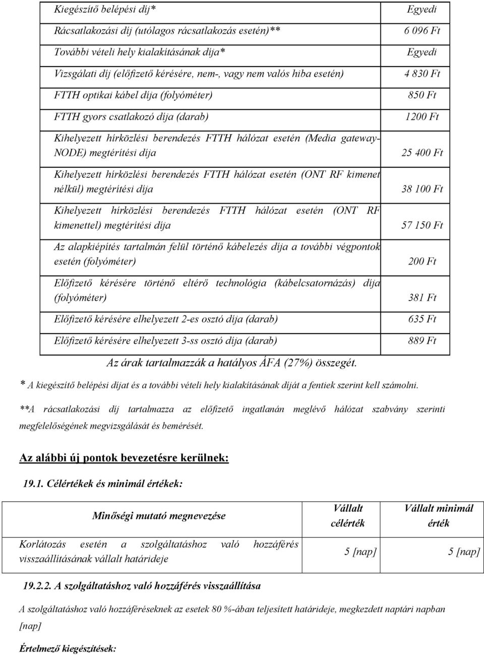 hálózat esetén (ONT RF kimenet nélkül) megtérítési díja Kihelyezett hírközlési berendezés FTTH hálózat esetén (ONT RF kimenettel) megtérítési díja Az alapkiépítés tartalmán felül történő kábelezés