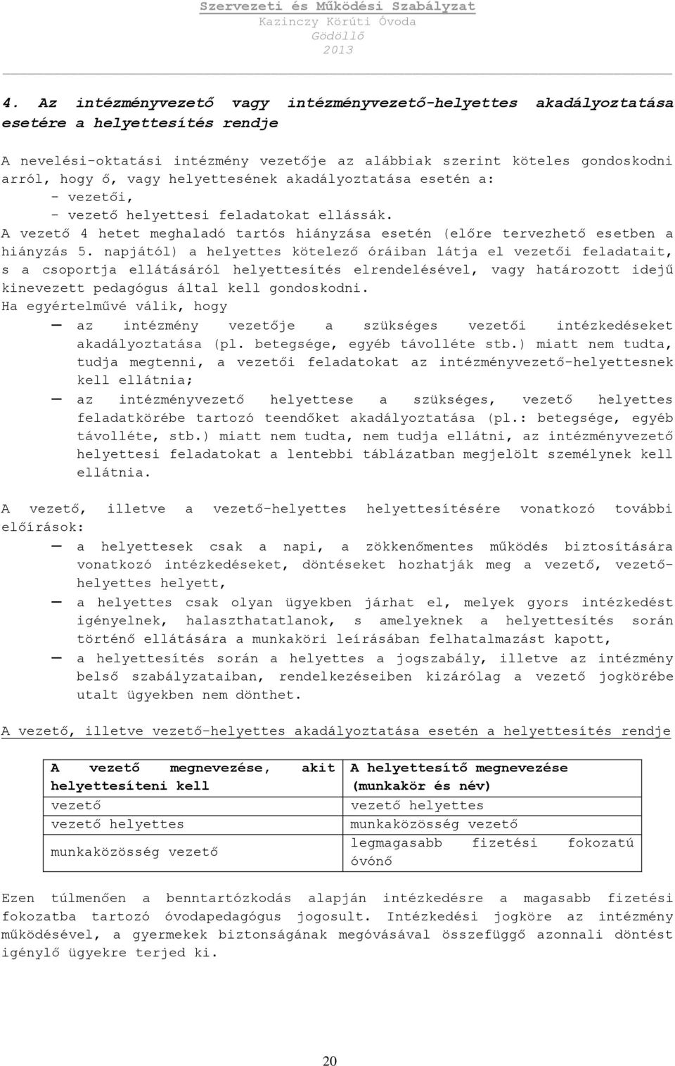 napjától) a helyettes kötelező óráiban látja el vezetői feladatait, s a csoportja ellátásáról helyettesítés elrendelésével, vagy határozott idejű kinevezett pedagógus által kell gondoskodni.