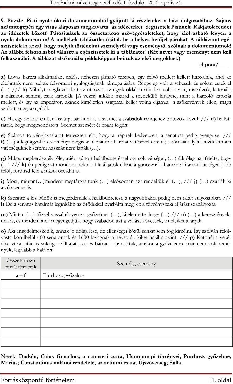 A táblázatot egészítsétek ki azzal, hogy melyik történelmi személyről vagy eseményről szólnak a dokumentumok! Az alábbi felsorolásból választva egészítsétek ki a táblázatot!