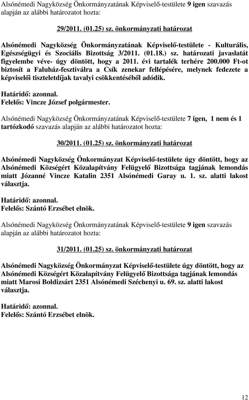 Alsónémedi Nagyközség Önkormányzatának Képviselő-testülete 7 igen, 1 nem és 1 tartózkodó szavazás 30/2011. (01.25) sz.