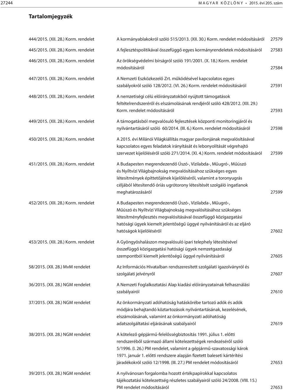 (XII. 28.) Korm. rendelet A Nemzeti Eszközkezelő Zrt. működésével kapcsolatos egyes szabályokról szóló 128/2012. (VI. 26.) Korm. rendelet módosításáról 27591 448/2015. (XII. 28.) Korm. rendelet A nemzetiségi célú előirányzatokból nyújtott támogatások feltételrendszeréről és elszámolásának rendjéről szóló 428/2012.