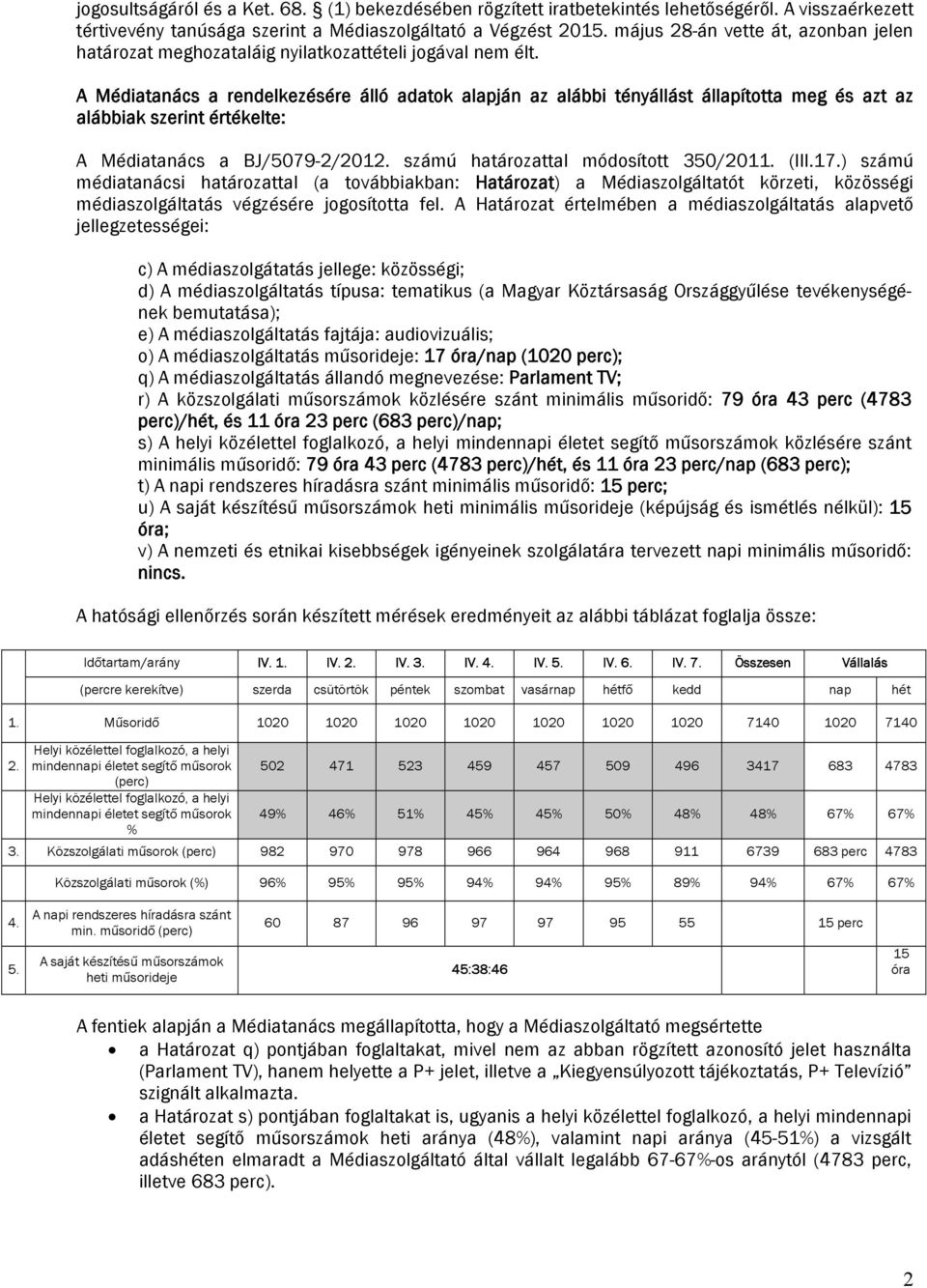 A Médiatanács a rendelkezésére álló adatok alapján az alábbi tényállást állapította meg és azt az alábbiak szerint értékelte: A Médiatanács a BJ/5079-2/2012. számú határozattal módosított 350/2011.