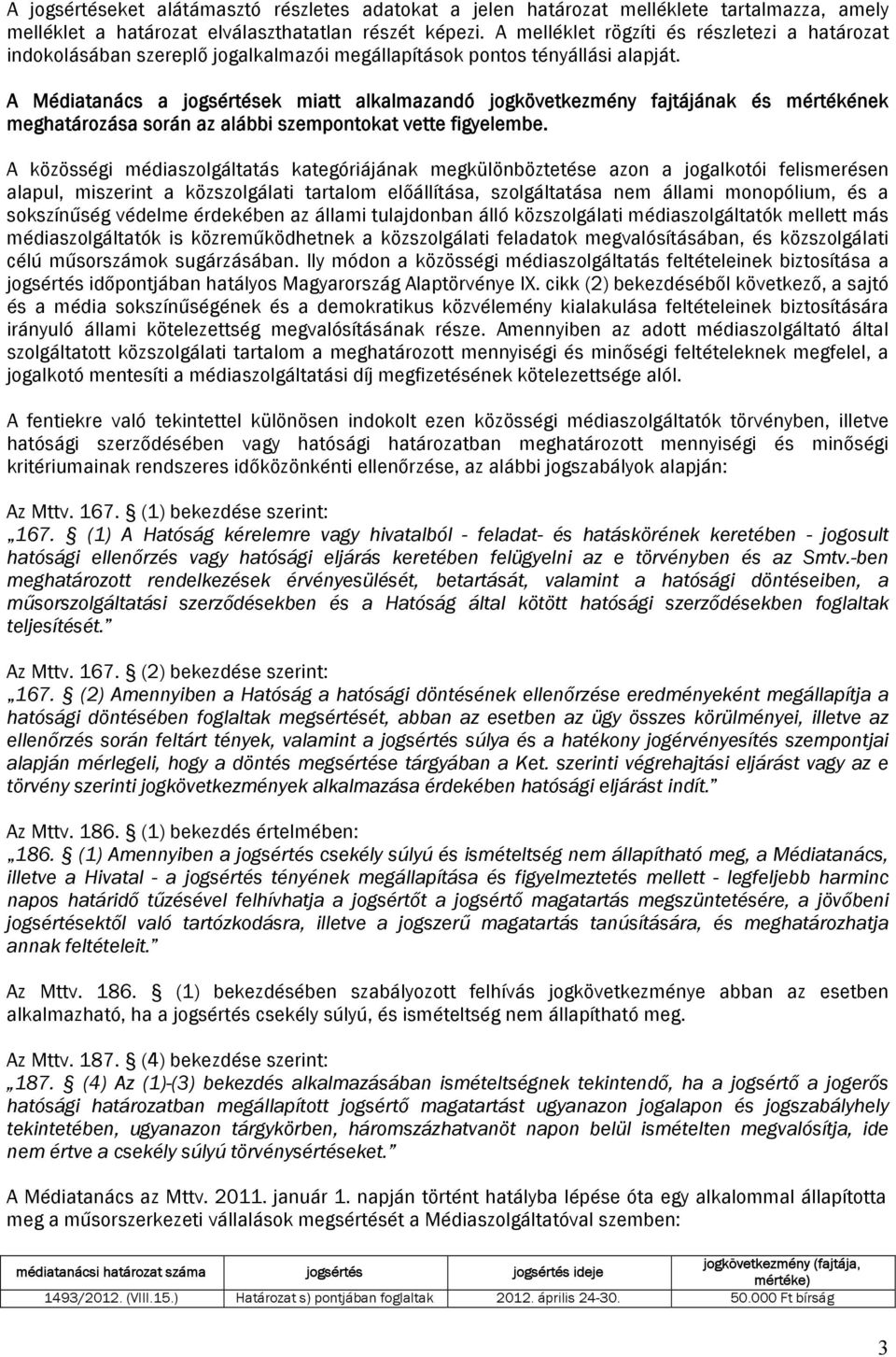 A Médiatanács a jogsértések miatt alkalmazandó jogkövetkezmény fajtájának és mértékének meghatározása során az alábbi szempontokat vette figyelembe.