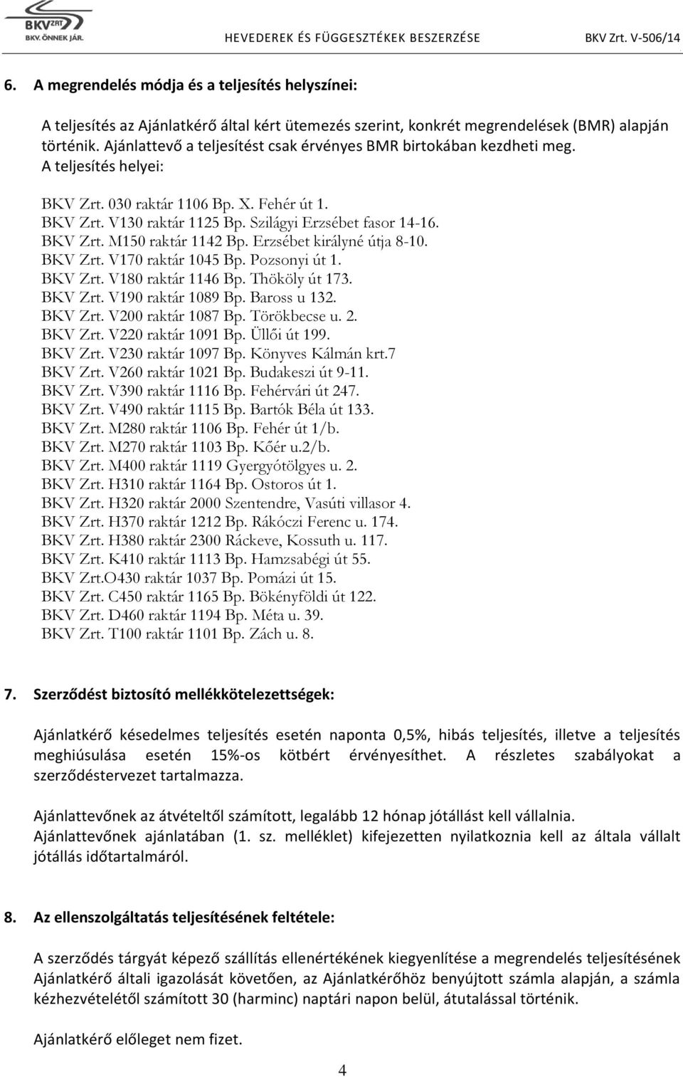 Zrt M150 raktár 1142 Bp Erzsébet királyné útja 8-10 BKV Zrt V170 raktár 1045 Bp Pozsonyi út 1 BKV Zrt V180 raktár 1146 Bp Thököly út 173 BKV Zrt V190 raktár 1089 Bp Baross u 132 BKV Zrt V200 raktár