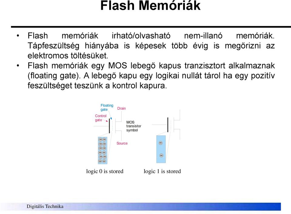 Flash memóriák egy MOS lebegő kapus tranzisztort alkalmaznak (floating gate).