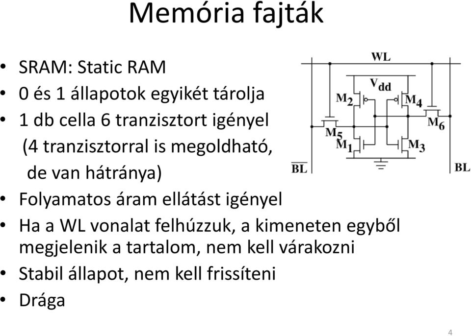 Folyamatos áram ellátást igényel Ha a WL vonalat felhúzzuk, a kimeneten egyből