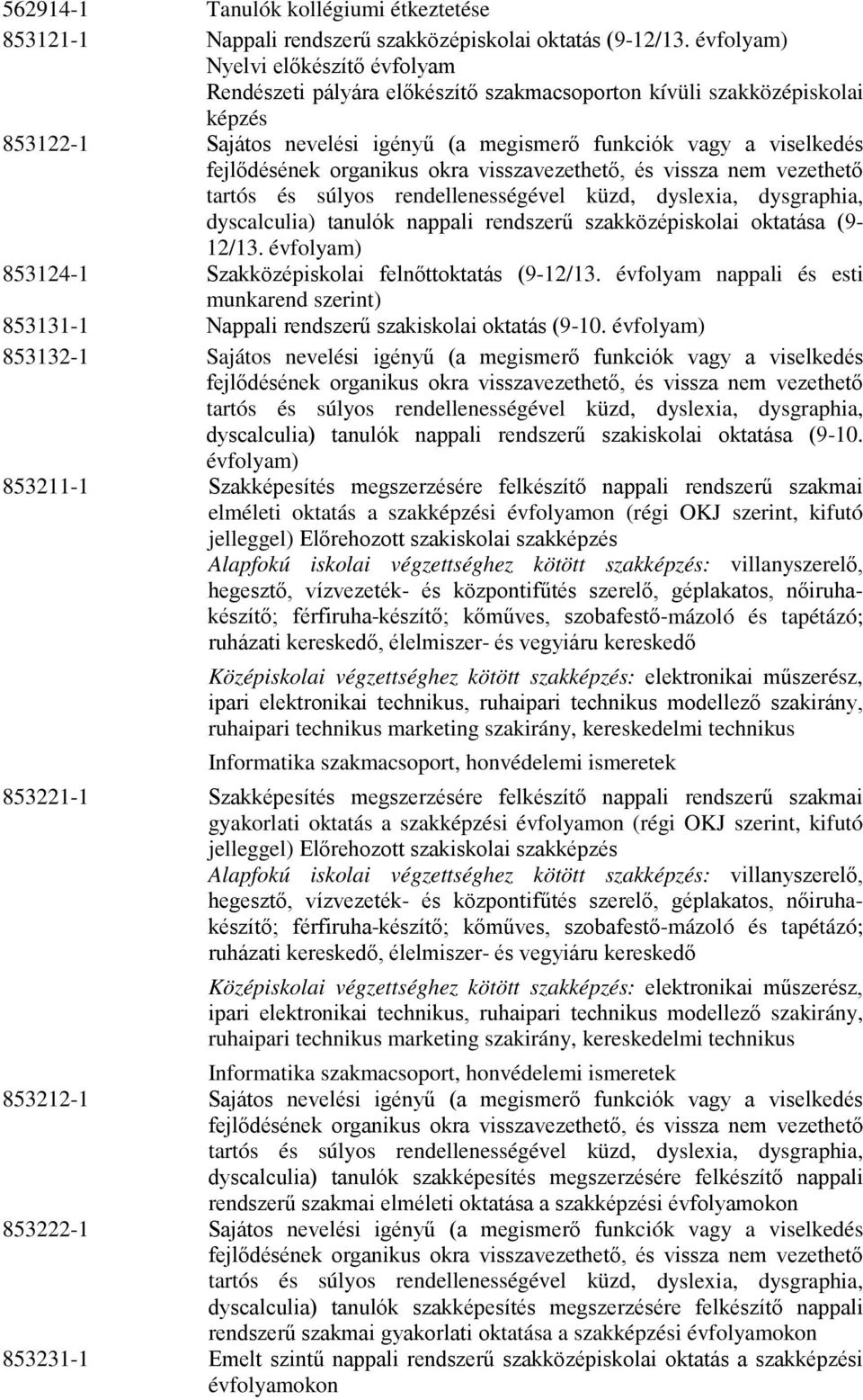 tanulók nappali rendszerű szakközépiskolai oktatása (9-12/13. évfolyam) 853124-1 Szakközépiskolai felnőttoktatás (9-12/13.