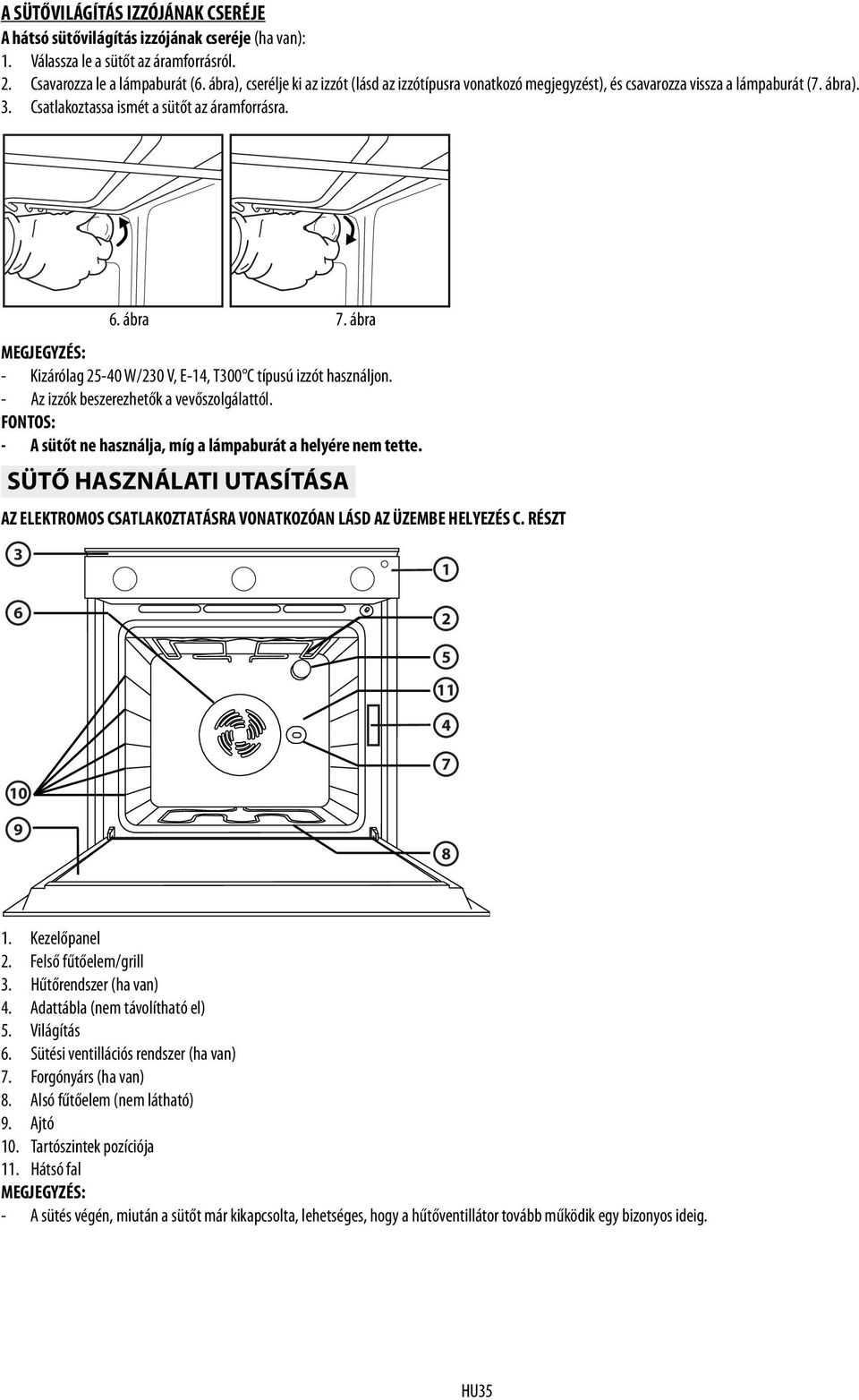 ábra MEGJEGYZÉS: - Kizárólag 25-40 W/230 V, E-14, T300 C típusú izzót használjon. - Az izzók beszerezhetők a vevőszolgálattól. FONTOS: - A sütőt ne használja, míg a lámpaburát a helyére nem tette.