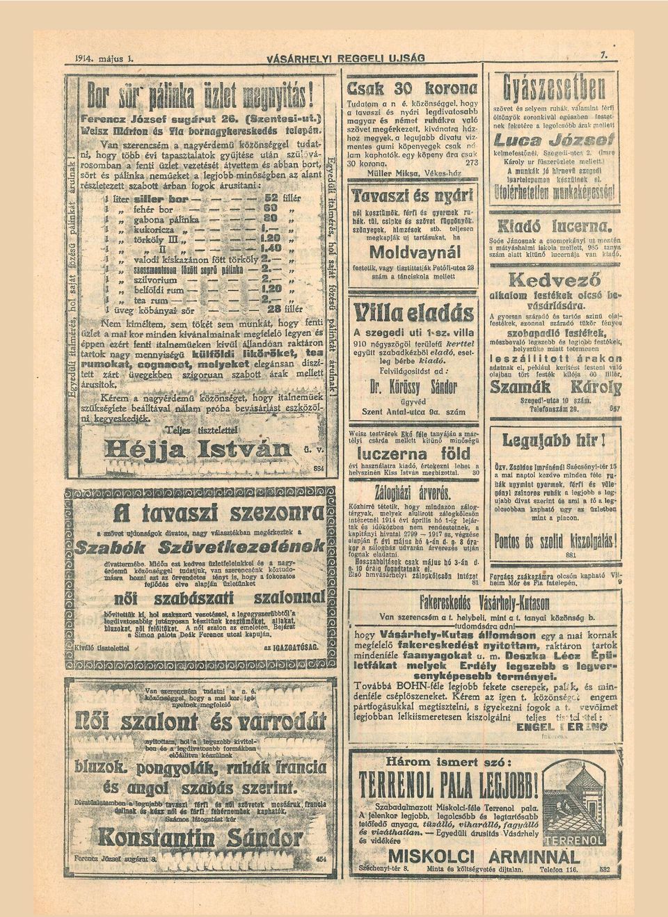 e k c s k n á l m k p h t ó k, egy k ö p e n y á csk 30 k o o n. 273 MüHe Miks, V é k e s - h n / F e e n c z J ó z s e f sutjá-st 2 3. ( S z e n t e s i - u t. Metsz Mttom.