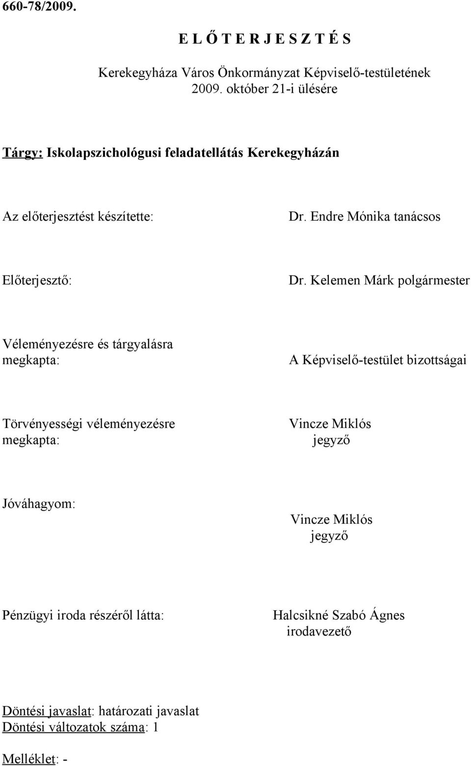 Endre Mónika tanácsos Előterjesztő: Dr.