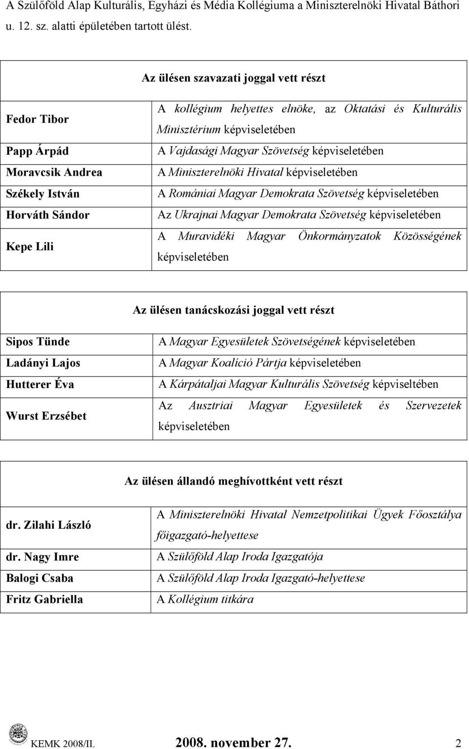 képviseletében A Vajdasági Magyar Szövetség képviseletében A Miniszterelnöki Hivatal képviseletében A Romániai Magyar Demokrata Szövetség képviseletében Az Ukrajnai Magyar Demokrata Szövetség